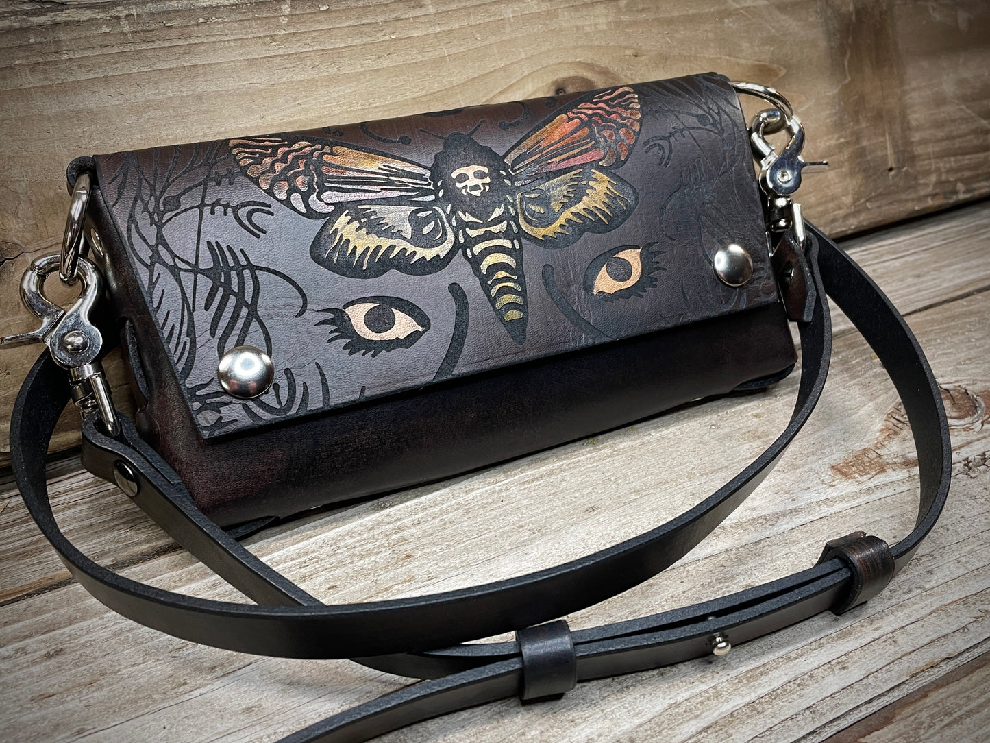 Death's Head Moth Leather Crossbody Belt Bag large