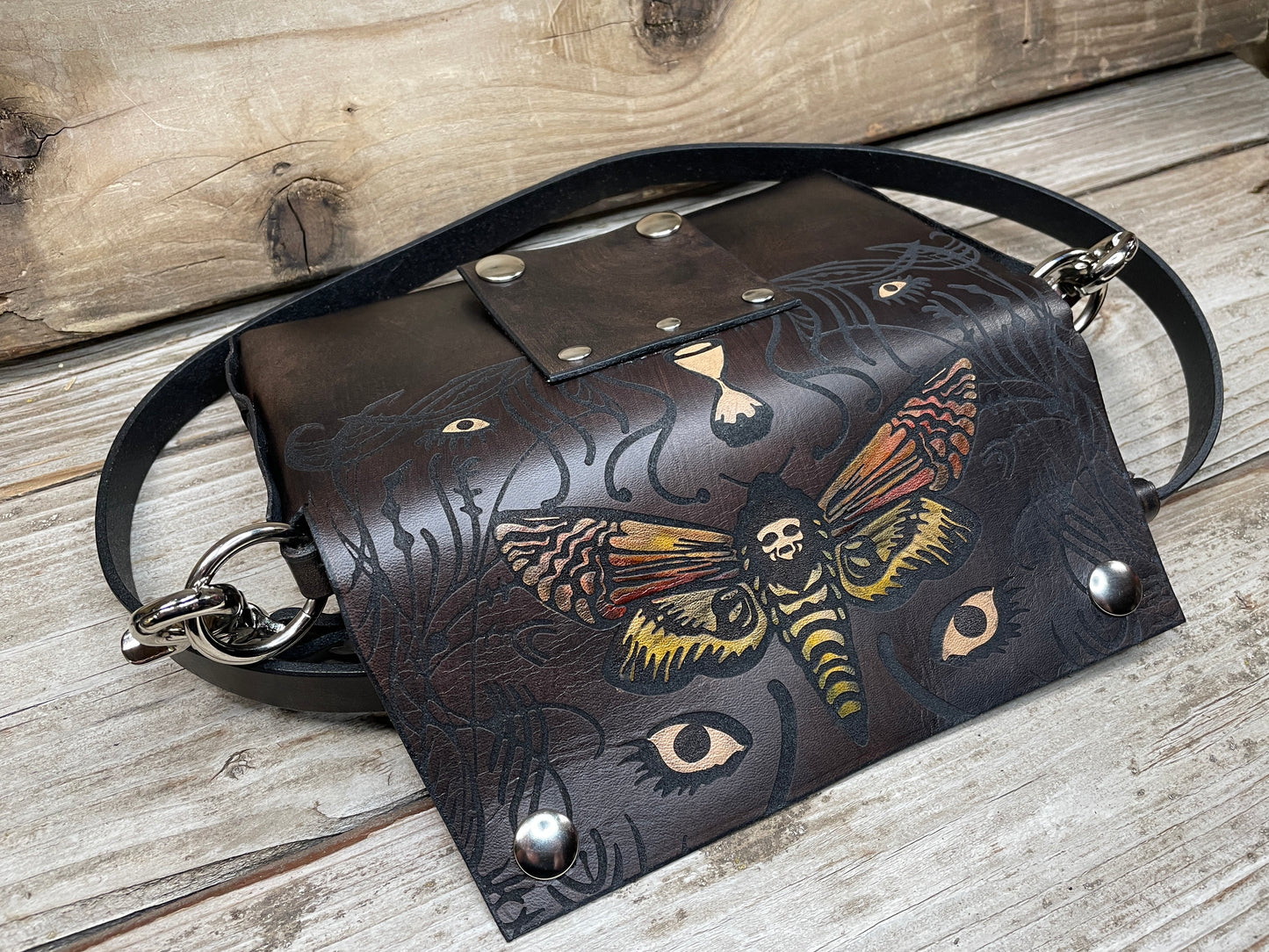 Death's Head Moth Leather Crossbody Belt Bag large