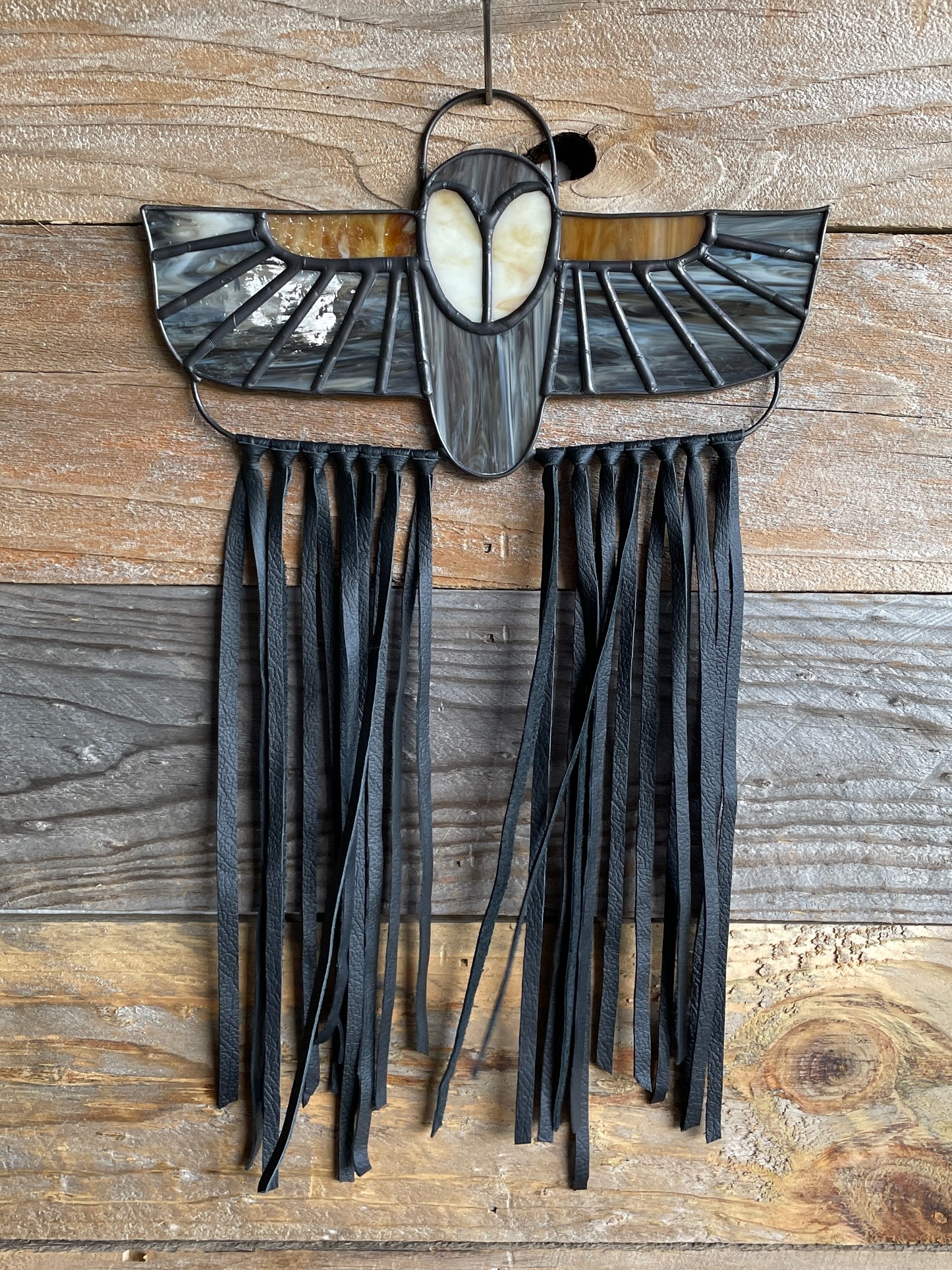 Owl Stained Glass Wall Art with Leather Fringe