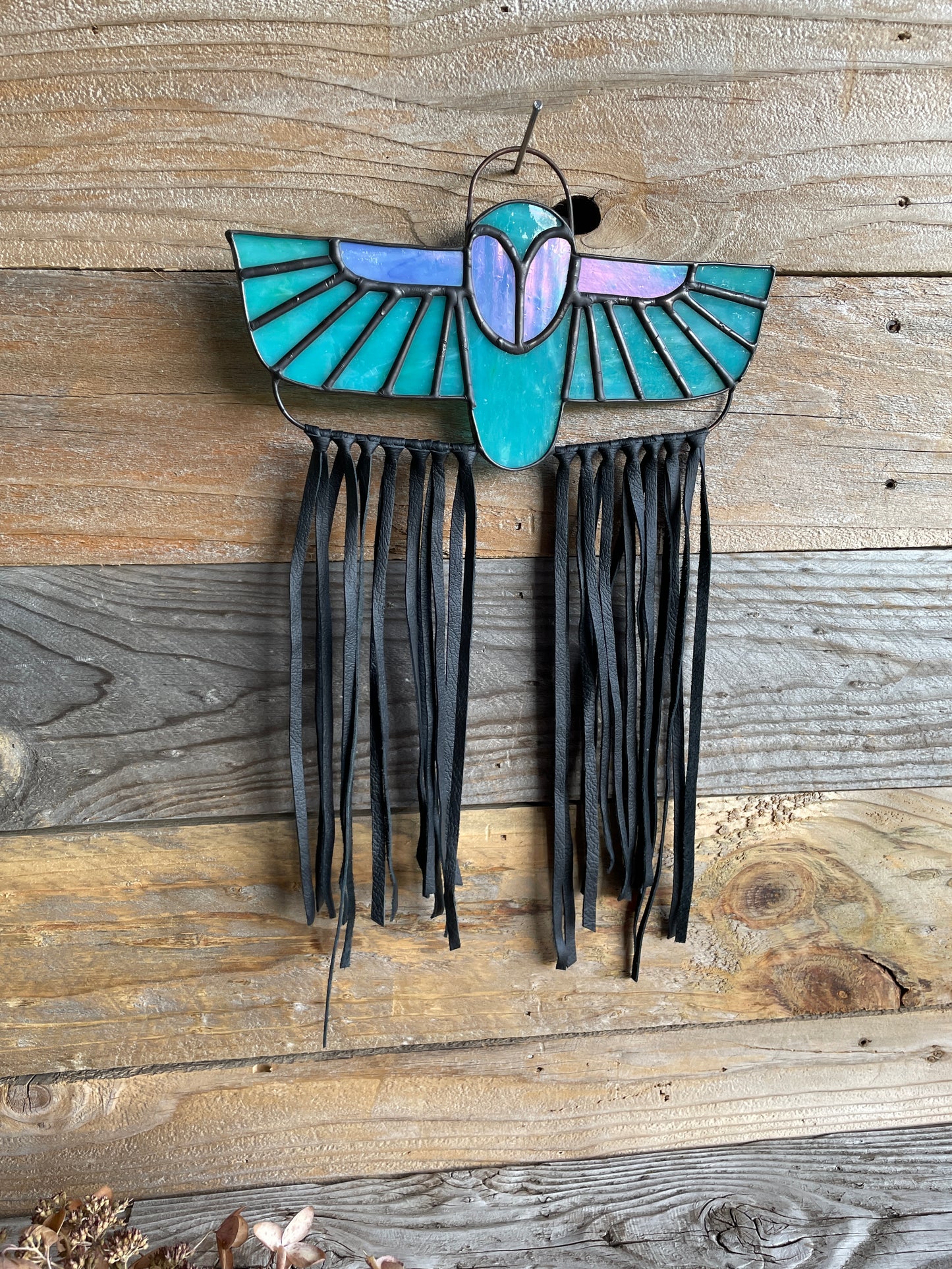 Owl Stained Glass Wall Art with Leather Fringe