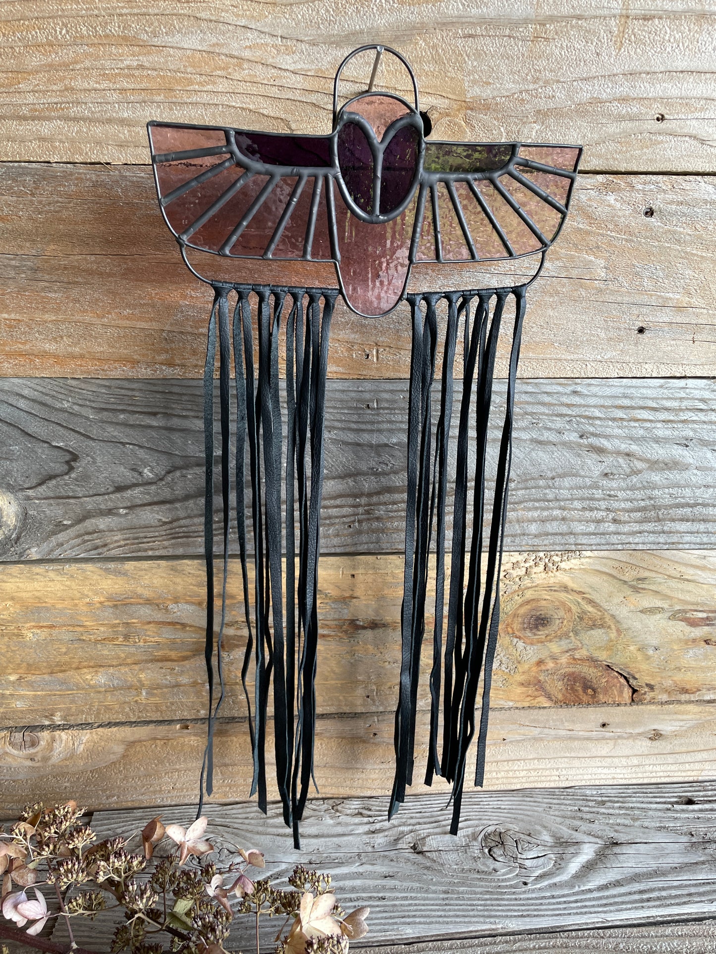 Owl Stained Glass Wall Art with Leather Fringe